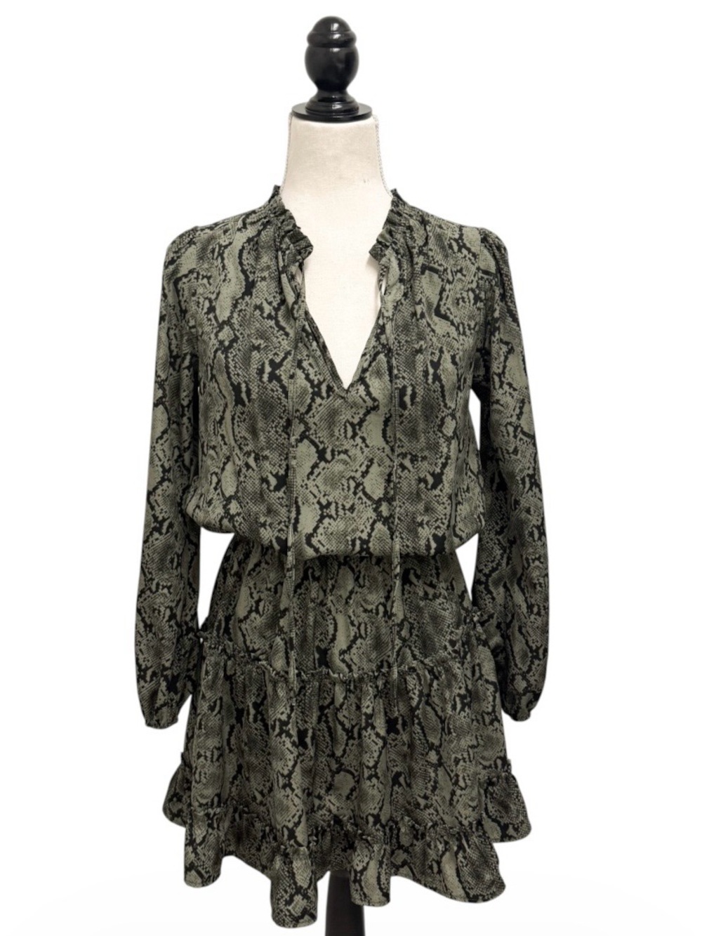 Tyche Green Black Snake Print V Neck Tie Elastic Waist Puff Long Sleeve Dress S